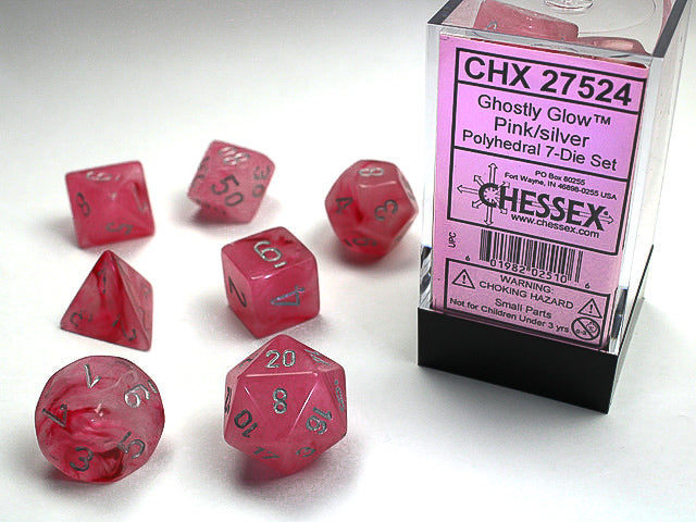 Chessex 7 Dice Set (Ghostly Glow Pink/Silver)